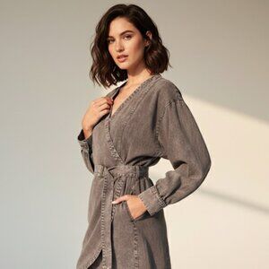 NWT YFB Zeplin Long Sleeve Mini Dress Wrap Belted Dark Gray Tencel Blend Size M